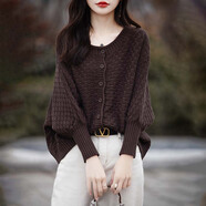 清迎【云霧感】100%純棉針織開(kāi)衫女圓領(lǐng)軟糯慵懶毛衣大碼外套外搭上衣 咖色 XL