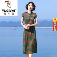 啄木鳥(niǎo)官方品牌香云紗旗袍真絲連衣裙顯瘦夏裝女短袖刺繡收腰裙子 綠色 精品質(zhì)量 L 建議-110斤