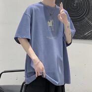 嘉曄（JIAYE）短袖T恤男士夏季日系復(fù)古圓領(lǐng)五分袖t恤男半袖體恤休閑打底衫 藍(lán)色 XXL