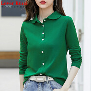 LOVER RUCCI法國秋衣純棉t恤長(cháng)袖襯衫女設計感洋氣寬松韓版襯衣翻領(lǐng)開(kāi)衫女 綠色 襯衫上衣女春秋t恤 S