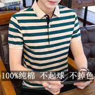 普鴕 夏季衣服男新款圓領(lǐng)條紋短袖T恤純棉潮牌青年打底衫半袖上衣體恤 1815綠色 XL