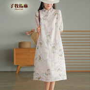 子牧棉麻夏裝 女文藝復(fù)古印花連衣裙 收腰顯瘦氣質(zhì)優(yōu)雅長裙子 1871 7179花色 XL(建議120-130斤)