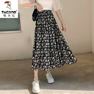 啄木鳥(niǎo)雪紡碎花半身裙女夏季2026年新款小個(gè)子a字半裙百褶高腰百搭長(cháng)裙 黑色 2XL 建議140-155斤