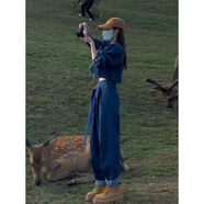 LANWEIFEILEI秋季新款感鹽系泡泡袖短款外套哈倫牛仔褲時(shí)尚牛仔套裝女 上衣+褲子 L （110-120斤）