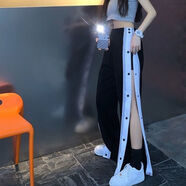 嘉鈺潮庫初高中生排扣褲子女夏季薄款學(xué)生全開秒脫籃球運動褲闊腿直筒高街 W24黑色直筒排扣褲 3XL 150-180斤