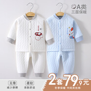 INSLABE嬰兒保暖內衣套裝純棉寶寶夾棉分體春秋冬季加厚家居服打底衣0 2套保暖套裝對開(kāi)-白灰色+藍色 80 (建議9-12個(gè)月)