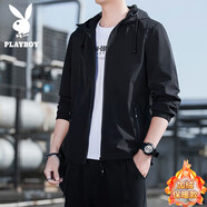 花花公子（PLAYBOY）夾克男士加絨厚外套男裝連帽秋冬季寬松休閑春工裝褂子沖鋒上衣服 08黑色-加絨 加厚 XL