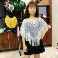 凡摩喬套頭衣女夏蕾絲繡花亮片斗篷罩衫寬松蝙蝠衫披肩流蘇上衣 白色 M （合適-120斤）