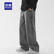 羅蒙（ROMON）牛仔褲男淺藍色秋冬季青少年直筒百搭寬松加絨闊腿褲拖地褲男裝 BK110淺灰色 XL (135-155斤)
