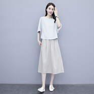 穆夏百合棉麻連衣裙女2025夏季新款減齡時尚韓版兩件套裝中長款亞麻裙子潮 白色+米色 L 推薦121-132斤