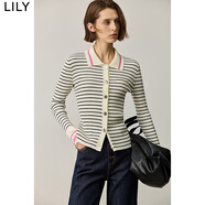 LILY秋新款女裝撞色修身顯瘦通勤針織開(kāi)衫短外套女秋冬 510黑 S