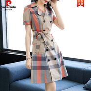 皮爾卡丹（pierre cardin）2024夏裝新款時尚格子雙排扣襯衫裙收腰顯瘦職業(yè)OL氣質(zhì)連衣裙 卡其色 2XL