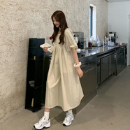 索宛亦（SUOWANYI）氣質溫柔風新款夏季短袖系帶連衣裙女學生寬松泡泡袖中長款A字 杏色【(送)哦】 L