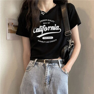 尚簡紛100%純棉夏季220g重磅網(wǎng)紅短款T恤女ins寬松百搭顯瘦短袖上衣女潮 DK41黑色【100%純棉】 L 105-120斤