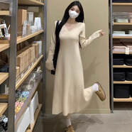 園翌秋冬大碼裙 胖妹妹顯瘦長(cháng)版洋裝 純色V領(lǐng)裙連身裙 XL名媛風(fēng)裙 大 米白色【法式小眾/大碼氣質(zhì)/甜系別致/設計感漂亮/ 3XL 【160-180斤】