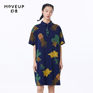 幻走（MOVEUP）2023夏季新款.FUN系列 印花純棉口袋設(shè)計(jì)師針織連衣裙 深寶藍(lán) L