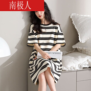 南極人短袖純棉夏季睡裙女士圓領(lǐng)套頭連衣裙休閑簡(jiǎn)約條紋夏天 -純棉3121 M