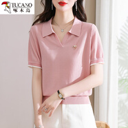 啄木鳥polo領(lǐng)冰絲短袖t恤女裝2024新款年輕夏裝上衣天絲針織衫 粉色 M 【90-108斤穿】