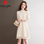 皮爾卡丹（pierre cardin）秋冬半高領(lǐng)針織連衣裙女中長(cháng)款寬松時(shí)尚毛衣配大衣毛衣裙打底裙厚 米白 2XL
