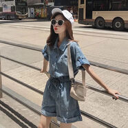 尚簡紛牛仔連體褲女2025夏季新款時尚顯瘦收腰工裝連衣褲翻領(lǐng)九分褲套裝 淺藍(lán)111褲款 優(yōu)質(zhì) M 建議100-115斤