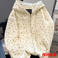 美梵朗甜美復(fù)古碎花連帽衛(wèi)衣外套女春秋新款學(xué)院風(fēng)寬松百搭薄款開衫 杏色碎花外套 M 85-105斤