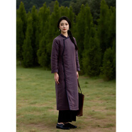 知筆墨復古棉麻立領(lǐng)拼色長(cháng)款斜門(mén)襟盤(pán)扣夾棉袍子 冬季改良旗袍棉服 棕紫色 均 碼