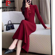 皮爾卡丹（pierre cardin）新中式杏色針織連衣裙女羊|絨旗袍裙秋冬荷葉邊過(guò)膝羊|毛衣裙 紅色 S