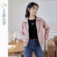 艾路絲婷甜美粉色格子短外套女2023秋季新款減齡夾克翻領(lǐng)拉鏈開衫03984 粉色格子 XL