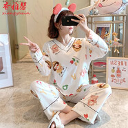 香雅馨 韓版睡衣女春秋長(zhǎng)袖棉質(zhì)寬松家居服兩件套裝夏季甜美V領(lǐng)卡通貓咪 3809草帽女孩 L 100-120斤