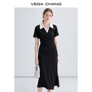 VEGA CHANG高級感連衣裙女夏季小個子撞色POLO領英倫風收腰顯瘦通勤小黑裙子 赫本黑 （開衩款） S