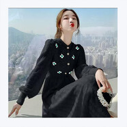 仕美綺針織連衣裙女2024秋季新款韓版女裝蕾絲拼接毛衣時尚氣質(zhì)刺繡裙子 黑色  S【建議90-100斤】
