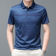 富鋌（FORTEI）桑蠶絲t恤男2023新款中青年翻領(lǐng)polo短袖條紋男士透氣半袖T恤 藍灰 180/XL