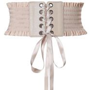 鸞姿女士寬腰帶春夏流蘇綁帶收腰連衣裙裝飾百搭蝴蝶結彈力松緊腰封 米色 均碼有彈力