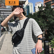 望了型 條紋五分袖T恤衫男生日系潮流文藝小青年寬松半截袖體恤汗衫高中學生中袖五分袖t血海魂 灰色F21 L
