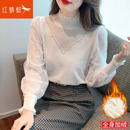 紅蜻蜓 半高領(lǐng)針織衫女2025春新款內(nèi)搭蕾絲拼接毛衣打底女士上衣女裝 7325加絨# 白色 L