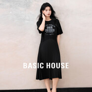 Basic House/百家好夏季字母印花圓領(lǐng)連衣裙蕾絲拼接直筒百褶裙女 黑色 XL