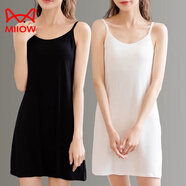 貓人（MiiOW）莫代爾棉吊帶睡裙女帶胸墊夏季打底裙防走光內搭內襯裙連衣裙 黑色+白色(兩件胸墊款) S75-85斤