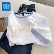 真維斯（JEANSWEST）短袖t恤女夏季新款純棉女裝上衣服撞色寬松ins風(fēng)小個(gè)子女生半袖衫 白湖藍(lán) 蝴蝶秘境橙 L