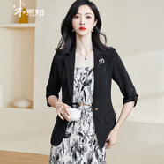 米思陽(yáng)（missshine）2024秋季新款氣質(zhì)高級感一?？畚餮b黑色修身七分袖外套2442 黑色 S