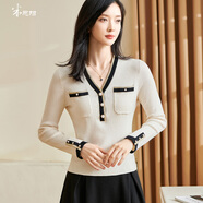 米思陽(yáng)（missshine）2024秋季新款知性氣質(zhì)拼色針織衫v領(lǐng)花邊長(zhǎng)袖微彈上衣2651 米杏色 S