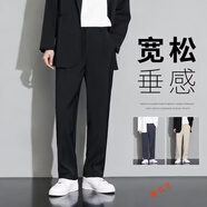 魯賓克休閑褲子男夏季新款輕熟風(fēng)垂感西裝褲男士長褲寬松直筒闊腿小西褲 黑色長褲 L(建議體重120-135斤)