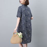 楚馨碎花連衣裙夏季2025新款女裝氣質(zhì)復(fù)古優(yōu)雅顯瘦遮肚子中年夏天裙子 青色 M 推薦115斤以內(nèi)