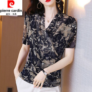 皮爾卡丹（pierre cardin）真絲襯衫女短袖夏季新款女士襯衫遮肚子碎花桑蠶絲上衣顯瘦減齡 黃花(短袖) L 建議96-105斤