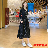 瑪菲萱新款時(shí)尚秋冬長(cháng)裙法式復古氣質(zhì)加厚雪紡碎花內搭打底連衣裙女 黑色 S 160