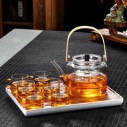 華行 玻璃蒸茶壺家用加厚蒸汽煮茶壺燒水壺煮茶器泡茶壺 提梁蒸煮雙用壺1200ml+6杯+杯盤(pán)