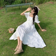 索宛亦（SUOWANYI）夏季2021新款韓版洋氣方領(lǐng)泡泡袖白色連衣裙女小個(gè)子閨蜜裝初戀 白色(長(cháng))款 S