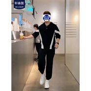 軒森圖（XUANSENTU）微胖男生夏季顯瘦穿搭短袖T恤男韓版寬松拼接V字半袖體恤套裝搭 黑色T恤+黑色褲子 2XL (180) （160-180斤）