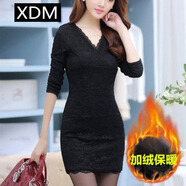 熊迪明2022加厚加絨蕾絲打底衫女長(cháng)袖中長(cháng)款上衣秋冬季內搭t恤保暖小衫 黑色【全身加絨版】 袖子也加絨 2XL 建議【130-138斤】