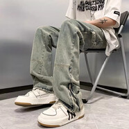 衣然呈品黃泥色牛仔褲男復古寬松闊腿直筒拖地潮牌休閑百搭褲子男夏季新款 藍色開叉拉鏈款 L 【建議105-125斤】