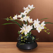 高檔蕙蘭仿真花假花帶花瓶套裝擺件家居客廳電視柜餐桌前臺(tái)裝飾花 黑瓶+白色套裝